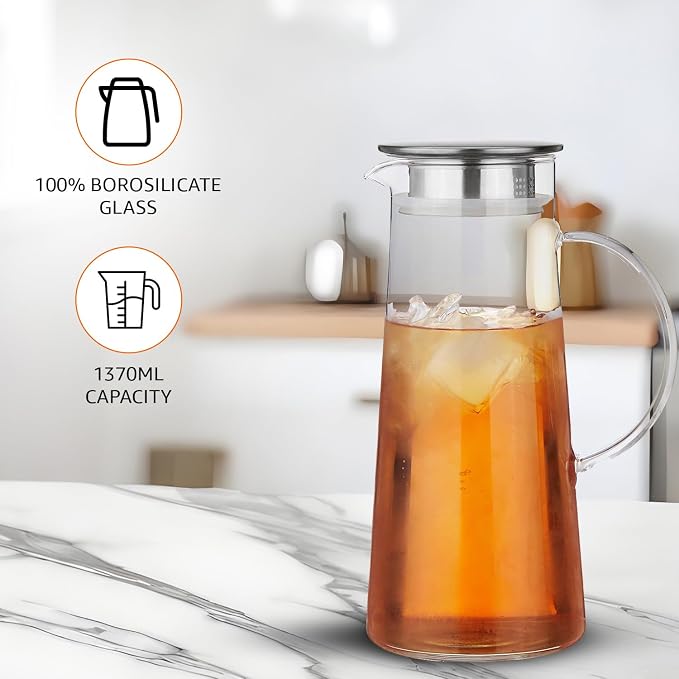 Borosilicate Glass Jug 1370ml - Compact Serving Solution | Ideal for Daily Use & Small Families | Oven & Fridge Safe | Sturdy No-Slip Handle | Timeless Transparent Design